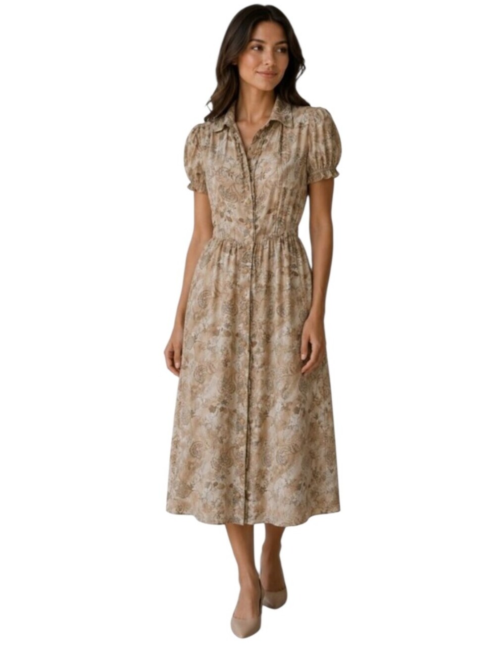 MAXIME 100% Silk Floral Vintage Inspired Button Front Midi Dress. Beige/blue. M